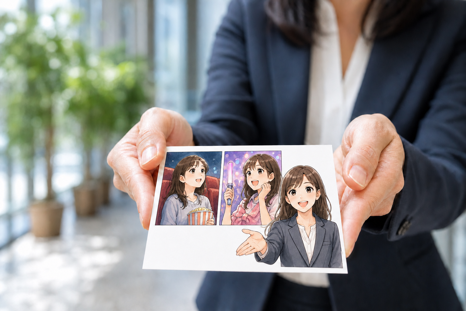 似顔絵入り名刺を差し出す手元