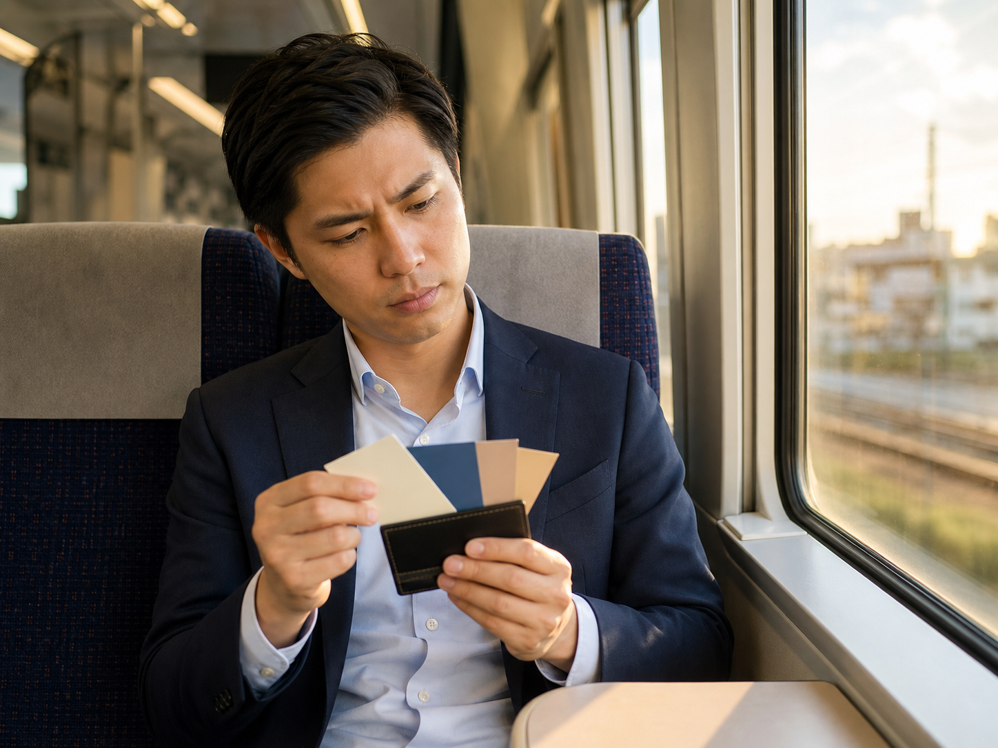 電車内で名刺を見返し困った表情のビジネスパーソン