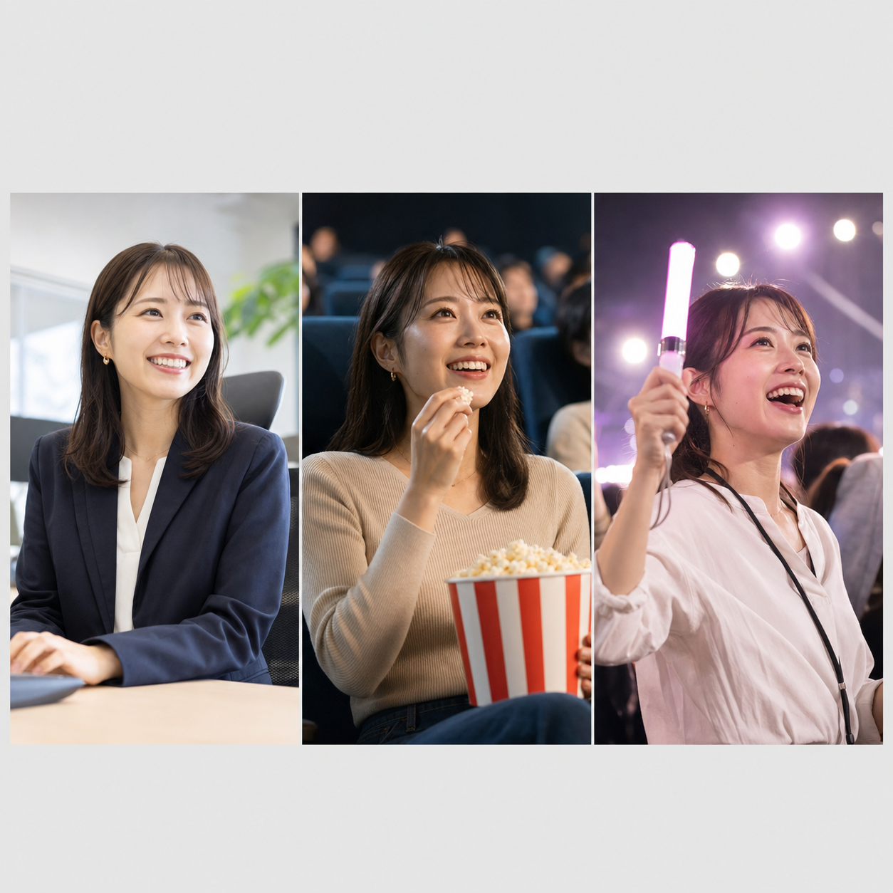スーツ・映画鑑賞・推し活の3コマイラスト