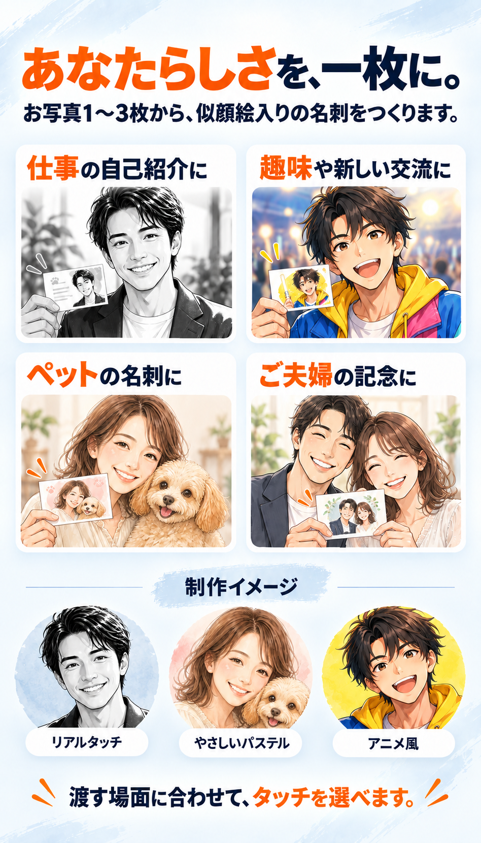 あなたらしさを、一枚に。お写真1〜3枚から、似顔絵入りの名刺をつくります。仕事の自己紹介、趣味や新しい交流、ペット、ご夫婦の記念に。リアルタッチ、やさしいパステル、アニメ風。渡す場面に合わせてタッチを選べます。制作イメージ。